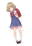  1girl age_regression artist_name backpack bag blue_eyes brown_hair child green_eyes heterochromia idolmaster idolmaster_cinderella_girls looking_at_viewer mary_janes meto31 mole mole_under_eye randoseru school_uniform shoes short_hair signature smile socks solo takagaki_kaede white_legwear younger 