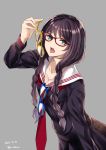  1girl 2016 aqua_eyes black_hair black_serafuku blue-framed_glasses braid breasts cleavage dated glasses grey_background hair_over_shoulder holding holding_glasses long_hair long_sleeves looking_at_viewer nabeshima_tetsuhiro open_mouth original red-framed_glasses school_uniform serafuku simple_background solo teeth tongue tongue_out twin_braids twitter_username yellow-framed_glasses 