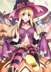  1girl blonde_hair blue_eyes blush boots breasts breasts_apart candy cape choker cookie doughnut fang female food full_moon hat jack-o&#039;-lantern lollipop macaron moon navel original oversized_object red_ribbon ribbon ribbon_choker sitting skirt_hold solo striped striped_legwear thigh-highs witch_hat wrapped_candy yukikaze_(aaassszzz) 
