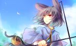  1girl animal_ears basket capelet dowsing_rod grey_hair jewelry kutsuki_kai mouse mouse_ears mouse_tail nazrin pendant petals red_eyes sky solo tail touhou 