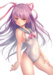  1girl arm_at_side bare_legs bare_shoulders blush bow bowtie closed_mouth covered_navel cowboy_shot hair_ribbon hand_on_thigh long_hair looking_at_viewer nishizawa one-piece_swimsuit original pink_bow pink_bowtie purple_hair red_ribbon ribbon simple_background skin_tight small_breasts solo standing swimsuit tareme very_long_hair white_background white_swimsuit yellow_eyes 