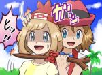  2girls blue_eyes brown_hair character_request commentary_request female_protagonist_(pokemon_sm) hat long_hair lowres multiple_girls open_mouth pokemoa pokemon pokemon_(anime) pokemon_(game) pokemon_sm serena_(pokemon) smile twig 