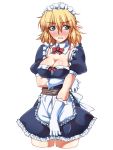  1girl alternate_costume blonde_hair blush breasts cleavage embarrassed enmaided gloves green_eyes maid maid_headdress mizuhashi_parsee ootsuki_wataru pointy_ears short_hair solo touhou transparent_background white_gloves 