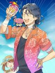  2boys ;) asselin_bb_ii bandages black_hair blush brown_hair character_print closed_eyes hand_on_hip hat hawaiian_shirt holding_cup idolmaster idolmaster_side-m jewelry kebab mizushima_saki multiple_boys necklace one_eye_closed open_clothes open_shirt otoko_no_ko ring satan_(idolmaster) shirt smile stuffed_toy sun_hat tan twintails yellow_eyes 