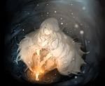  1girl bandage_over_one_eye bandages bloodborne candle cloak dress fire flame from_above full_body gloves hands_together highres hnncho hood hooded_cloak long_hair looking_up parted_lips sitting snowing solo v_arms vicar_amelia white_gloves white_hair 