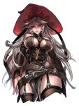  1girl arms_at_sides belt between_breasts black_legwear breasts cape detached_sleeves from_below garter_straps granblue_fantasy hair_between_eyes hat highres kumiko_shiba large_breasts long_hair looking_at_viewer magisa_(granblue_fantasy) pelvic_curtain red_eyes shade silver_hair simple_background smile solo thigh-highs white_background witch_hat 