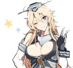  1girl arm_up asakawa_(outeq) blonde_hair blue_eyes blush breasts cleavage commentary elbow_gloves fingerless_gloves gloves hair_between_eyes headgear iowa_(kantai_collection) kantai_collection large_breasts long_hair looking_at_viewer one_eye_closed smile solo star star-shaped_pupils sunglasses symbol-shaped_pupils upper_body 