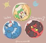  ? crescent gen_7_pokemon in_container litten_(pokemon) no_humans poke_ball pokemon pokemon_(creature) pokemon_(game) pokemon_sm popplio rowlet simple_background sun_(symbol) toraneko_(38) twitter_username 