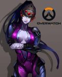 1girl artist_request bodysuit breasts center_opening cleavage contrapposto copyright_name cowboy_shot crossed_arms head_mounted_display highres lips long_hair looking_at_viewer overwatch ponytail purple_hair purple_skin renshena solo very_long_hair widowmaker_(overwatch) yellow_eyes 