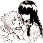  2girls bow breast_press breasts eye_contact fujiwara_no_mokou hair_bow hair_ribbon hand_on_another&#039;s_shoulder hime_cut houraisan_kaguya long_hair looking_at_another monochrome multiple_girls open_mouth ribbon sketch space_jin suspenders touhou 