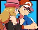  1boy 1girl amada arm_holding baseball_cap black_hair blue_eyes blush border brown_eyes brown_hair commentary_request couple eyelashes fingerless_gloves gloves hand_on_another&#039;s_chest hat long_hair looking_at_another open_mouth parted_lips pokemon pokemon_(anime) popped_collar satoshi_(pokemon) serena_(pokemon) 