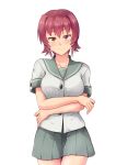  1girl blush breasts buttons collarbone highres kakiha_makoto kantai_collection kinu_(kantai_collection) large_breasts looking_at_viewer pleated_skirt red_eyes redhead school_uniform serafuku short_hair short_sleeves simple_background skirt smile solo white_background 
