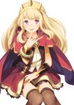  1girl bangs black_legwear blonde_hair blush cagliostro_(granblue_fantasy) cape crown finger_to_mouth granblue_fantasy hairband long_hair looking_at_viewer open_mouth simple_background sitting skirt smile solo thigh-highs tobi-mura violet_eyes white_background 