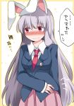  1girl animal_ears blazer blush commentary_request crescent dress_shirt hammer_(sunset_beach) jacket lavender_hair long_hair necktie rabbit_ears red_eyes reisen_udongein_inaba shirt skirt solo touhou translated wavy_mouth 