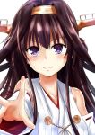  1girl bare_shoulders blush brown_hair detached_sleeves double_bun hairband headgear japanese_clothes kantai_collection kongou_(kantai_collection) long_hair nontraditional_miko outstretched_arm ribbon-trimmed_sleeves ribbon_trim smile solo tatsuno upper_body violet_eyes white_background 