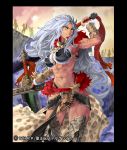  1girl abs armor artist_request bikini_armor energy gauntlets grey_hair holding holding_weapon long_hair midriff muscle muscular_female navel original solo sword warrior weapon 
