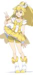  1girl akinbo_(hyouka_fuyou) bike_shorts boots bow cure_peace earrings highres jewelry kise_yayoi looking_at_viewer magical_girl open_mouth precure shorts_under_skirt skirt smile smile_precure! solo standing v wrist_cuffs yellow yellow_bow yellow_skirt 