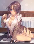  1girl alcohol arm_support bare_legs bed beer blue_eyes blush breasts brown_hair cleavage collarbone facial_mark holding long_hair looking_at_viewer no_bra no_panties no_pants on_floor parted_lips shiny shiny_skin smile solo taletale unbuttoned unbuttoned_shirt 