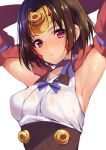  1girl :&lt; armpits arms_behind_head arms_up bangs blush breasts brown_hair choker headgear japanese_clothes kimono koutetsujou_no_kabaneri looking_at_viewer matarou_(genkai_toppa) mumei_(kabaneri) red_eyes ribbon ribbon_choker sash see-through short_hair solo wet wet_clothes 