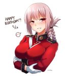  1girl artist_name blush braid breasts crossed_arms dated english fate/grand_order fate_(series) florence_nightingale_(fate/grand_order) gloves happy_birthday highres ichiren_namiro large_breasts pink_hair red_eyes single_braid smile solo spoken_blush uniform upper_body 