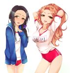  2girls akai_mi_ga_bakuhatsu_shita black_hair blush buruma character_request gym_uniform idolmaster idolmaster_cinderella_girls jacket long_hair multiple_girls open_mouth ponytail simple_backghround sweat track_jacket white_background yellow_eyes 