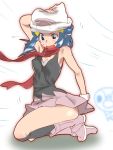  1girl beanie black_legwear blue_eyes blue_hair blush boots covered_nipples hat hikari_(pokemon) kneehighs miniskirt pink_boots pink_skirt pokemon pokemon_(game) pokemon_dppt red_scarf scarf skirt sleeveless solo tears white_background wind zaitsu 