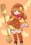  1girl bloomers bow brown_eyes brown_hair butter food_themed_hair_ornament fork frills full_body hair_ornament highres long_hair looking_at_viewer morinaga_&amp;_company orange_(color) orange_background orange_skirt original oversized_object pancake personification shoes skirt smile solo standing striped striped_bow striped_legwear thigh-highs tiara toyosu_toyosu twintails underwear 