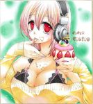  1girl bare_shoulders birthday blush breasts chibi cleavage cream cream_on_face finger_licking food food_on_face fruit happy_birthday headphones large_breasts licking loji_logic long_hair macaron nitroplus off_shoulder shikishi strawberry super_sonico sweater traditional_media 