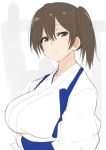  1girl asymmetrical_hair blush breasts brown_eyes brown_hair closed_mouth collarbone expressionless hair_between_eyes isshiki_(ffmania7) japanese_clothes kaga_(kantai_collection) kantai_collection kimono large_breasts short_hair side_ponytail solo upper_body 