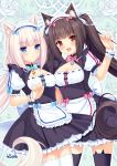  2girls :3 :d animal_ears apron artist_name bell blue_eyes blush brown_hair contrapposto dutch_angle felicia-val jingle_bell long_hair looking_at_viewer maid maid_headdress multiple_girls open_mouth pale_skin slit_pupils smile thigh-highs twintails very_long_hair white_hair wrist_cuffs 