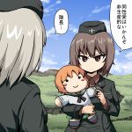  2girls back black_jacket black_skirt blue_sky blush_stickers brown_eyes brown_hair character_doll clouds garrison_cap girls_und_panzer green_skirt hat itsumi_erika jacket long_hair long_sleeves military military_uniform miniskirt multiple_girls nishizumi_maho nishizumi_miho orange_hair outdoors pleated_skirt roah school_uniform serafuku short_hair silver_hair skirt sky smile translation_request uniform 