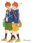  2boys ahoge aoi_kyosuke aoi_yusuke brothers dango eating food full_body green-framed_glasses hood idolmaster idolmaster_side-m looking_at_another male_focus multiple_boys orange_hair sanshoku_dango shorts siblings takama twins twitter_username wagashi walking 