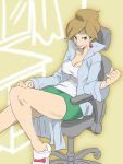  1girl araragi_(pokemon) bare_legs breasts brown_hair chair cleavage earrings green_eyes jewelry labcoat office_chair pencil_skirt pokemon pokemon_(game) pokemon_bw skirt smile solo zaitsu 