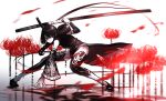  1girl black_eyes black_hair braid detached_sleeves flower fufu_(fufuichi04) full_body highres holding holding_sword holding_weapon hood long_hair original ripples sheath sheathed shoes spider_lily sword weapon 