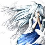  1girl angel_wings ao-shiba feathers long_hair red_eyes sariel silver_hair solo steepled_fingers touhou touhou_(pc-98) wings 