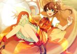  1girl :d blue_eyes blueberry bow brown_hair brown_shoes food food_themed_hair_ornament food_themed_ornament frills fruit full_body hair_ornament highres long_hair looking_at_viewer morinaga_(brand) open_mouth orange_skirt original pancake personification red_bow red_legwear shoes side_ponytail sitting skirt smile socks solo strawberry tubaki-88 wrist_cuffs 