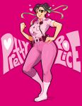  1girl ;) alternate_color alternate_costume boots breasts brown_eyes brown_hair chun-li clenched_hand commentary double_bun full_body hair_ribbon hand_on_hip heart kaigetsudo one_eye_closed pants pink player_2 police police_uniform policewoman ribbon short_hair smile solo street_fighter street_fighter_v thick_thighs thighs uniform walkie-talkie 