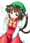  1girl absurdres animal_ears brown_hair cat_ears cat_tail chen crying dress earrings hat highres jewelry long_sleeves mob_cap multiple_tails nanabe nekomata red_dress short_hair simple_background single_earring solo tail touhou two_tails white_background 