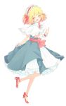  1girl alice_margatroid aoi_(annbi) ascot blonde_hair blue_dress bow capelet closed_eyes dress frilled_dress frills full_body hair_bow hairband high_heels highres lolita_hairband open_mouth ribbon sash short_hair simple_background smile solo touhou white_background wrist_cuffs 