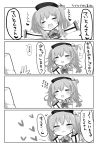  1girl admiral_(kantai_collection) check_translation closed_eyes comic hat heart jacket kantai_collection kashima_(kantai_collection) matsushita_yuu military military_uniform monochrome open_mouth translation_request twintails uniform 