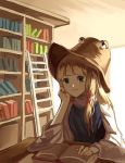  1girl arm_support blonde_hair book bookshelf dress grey_eyes hair_rings hat ladder long_hair moriya_suwako open_book purple_dress reading shirt silence_girl solo touhou wide_sleeves 