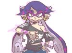  1girl aori_(splatoon) cross cross_necklace domino_mask earrings fangs jewelry long_hair mask mole mole_under_eye necklace off_shoulder open_mouth pointy_ears punk purple_hair seki_(red_shine) simple_background smile solo splatoon tentacle_hair torn_clothes violet_eyes white_background 