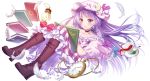  1girl book boots collarbone crescent crescent_hair_ornament cross-laced_footwear cup earrings feathers full_body hair_ornament hat jewelry long_hair mob_cap nanamiya neck_ribbon patchouli_knowledge pocket_watch purple_hair reading ribbon simple_background smile spoon teacup touhou very_long_hair violet_eyes watch white_background 