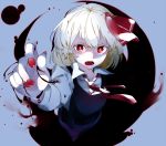  +_+ 1girl black_vest blonde_hair blue_background darkness fang hair_ribbon highres ikurauni nail_polish necktie open_mouth outstretched_arm red_eyes red_nails red_necktie red_ribbon ribbon rumia short_hair solo touhou upper_body wing_collar 