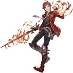  ahoge checkered facial_hair fingerless_gloves fire gloves goatee granblue_fantasy holding holding_weapon idolmaster idolmaster_side-m looking_at_viewer male_focus official_art open_mouth red_eyes redhead simple_background smile solo sword tendou_teru weapon white white_background 