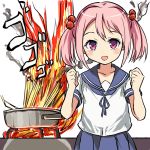  1girl clenched_hands fire frying_pan hair_bobbles hair_ornament kantai_collection looking_at_viewer open_mouth pink_eyes pink_hair sazanami_(kantai_collection) school_uniform serafuku short_hair skirt smile smoke solo stove takahiro_(rikky) twintails 