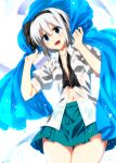  1girl :d blue_eyes blush bowtie_removed flat_chest hair_ribbon hairband happy highres konpaku_youmu konpaku_youmu_(ghost) no_bra open_clothes open_mouth open_shirt ribbon sazanami_mio shirt smile solo touhou undone_necktie wet 