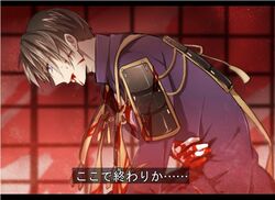  1boy armor blood blood_from_mouth bloody_clothes brown_hair gloves heshikiri_hasebe japanese_armor kusaka_(cc-1) robe short_hair shoulder_pads sode solo touken_ranbu translated violet_eyes white_gloves 