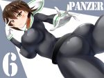  1girl ass belt blush bodysuit breasts brown_eyes brown_hair covered_nipples girls_und_panzer gloves hair_between_eyes large_breasts long_sleeves looking_at_viewer looking_back nishizumi_maho short_hair skin_tight smile solo white_gloves yottin 