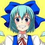  &gt;:d 1girl :d blue_bow blue_eyes blue_hair blue_vest blush bow cirno doyagao grin hair_bow ice ice_wings isagi looking_at_viewer neck_ribbon open_mouth portrait red_ribbon ribbon shirt short_hair smile solo touhou tsurime white_shirt wings yellow_background 